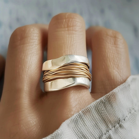 Silver Golden Threads Ring-Emali Jewelry
