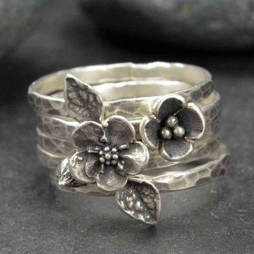 Vintage Flower Silver Layer Ring-Emali Jewelry