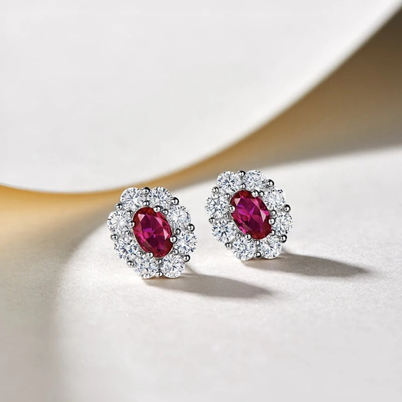 Vintage Silver Red Flower Earrings-Emali Jewelry
